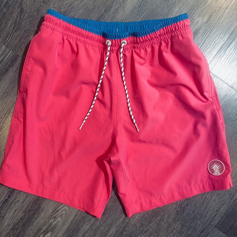 Chubbies Mens Pink Swim Trunks Teal Waistband Pineapple Logo 7 Inch Inseam Small
